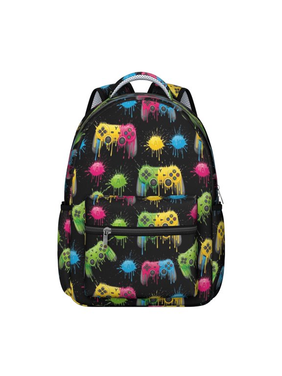 Game Controller Black Pattern Backpack for School, Cute School Bag with Adjustable Shoulder Straps and Padded Back, 15.3"x11"x7.1"