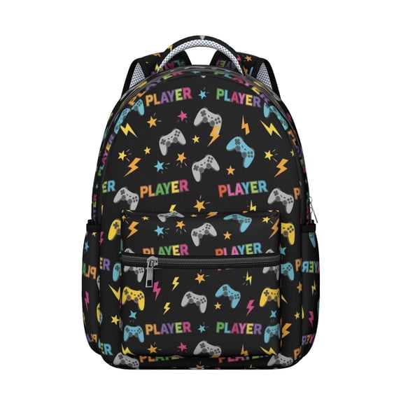 Game Controller Black Pattern Backpack for School, Cute School Bag with Adjustable Shoulder Straps and Padded Back, 15.3"x11"x7.1"
