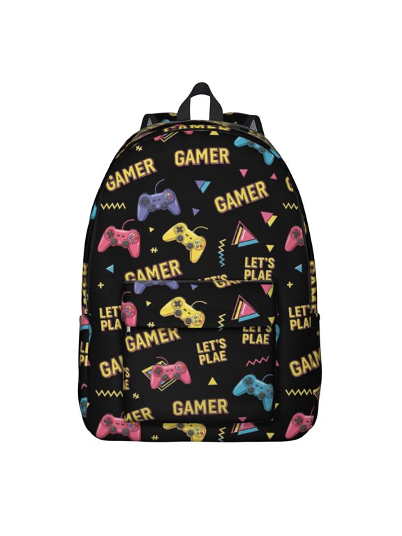 Game Controller Black Pattern Backpack for School, Cute School Bag with Adjustable Shoulder Straps and Padded Back, 15.7"x11.8"x5.5"