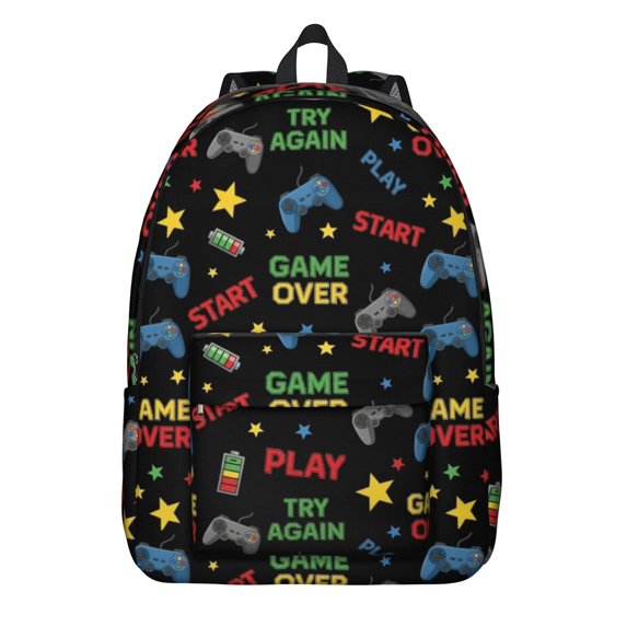 Game Controller Black Pattern Backpack for School, Cute School Bag with Adjustable Shoulder Straps and Padded Back, 15.7"x11.8"x5.5"