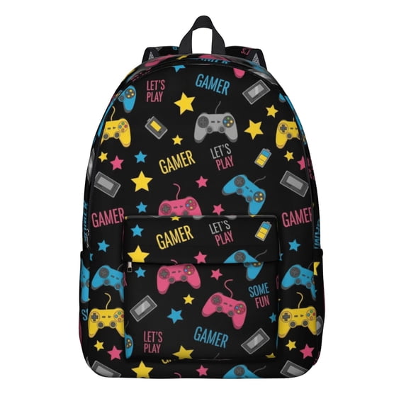 Game Controller Black Pattern Backpack for School, Cute School Bag with Adjustable Shoulder Straps and Padded Back, 15.7"x11.8"x5.5"