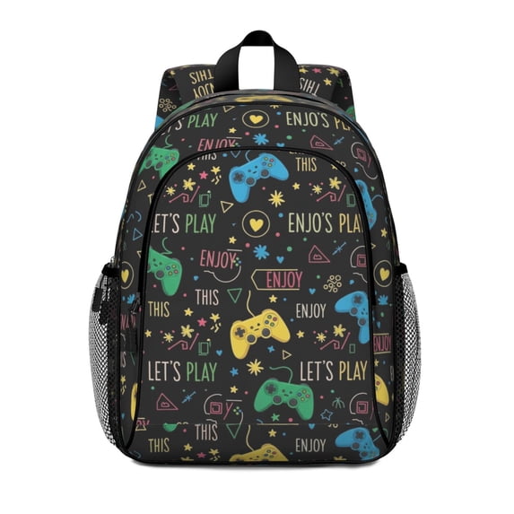 Game Controller Black Pattern Backpack for School, Cute School Bag with Adjustable Shoulder Straps and Padded Back, 15"x11.42"x5.5"