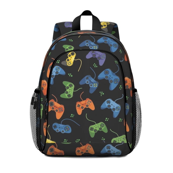 Game Controller Black Pattern Backpack for School, Cute School Bag with Adjustable Shoulder Straps and Padded Back, 15"x11.42"x5.5"