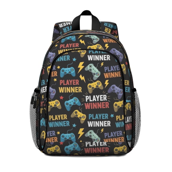 Game Controller Black Pattern Backpack for School, Cute School Bag with Adjustable Shoulder Straps and Padded Back, 15"x11.42"x5.5"