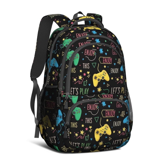 Game Controller Black Pattern Backpack for School, Cute School Bag with Adjustable Shoulder Straps and Padded Back, 16.9"x12.6"x5.9"