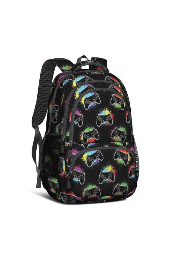 Game Controller Black Pattern Backpack for School, Cute School Bag with Adjustable Shoulder Straps and Padded Back, 16.9"x12.6"x5.9"