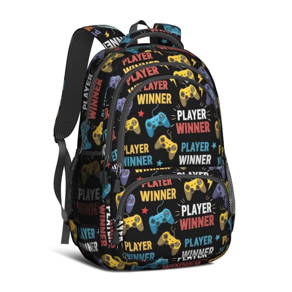 Game Controller Black Pattern Backpack for School, Cute School Bag with Adjustable Shoulder Straps and Padded Back, 16.9"x12.6"x5.9"