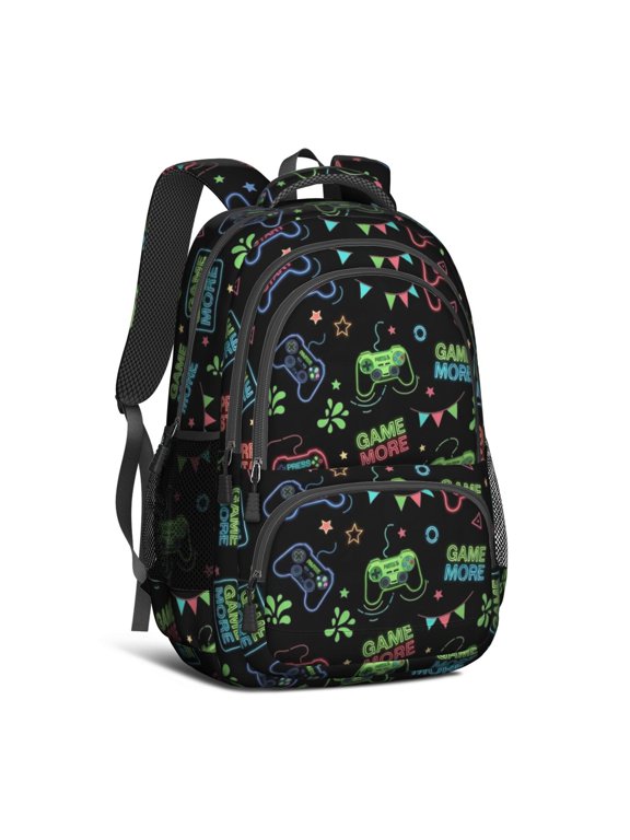 Game Controller Black Pattern Backpack for School, Cute School Bag with Adjustable Shoulder Straps and Padded Back, 16.9"x12.6"x5.9"