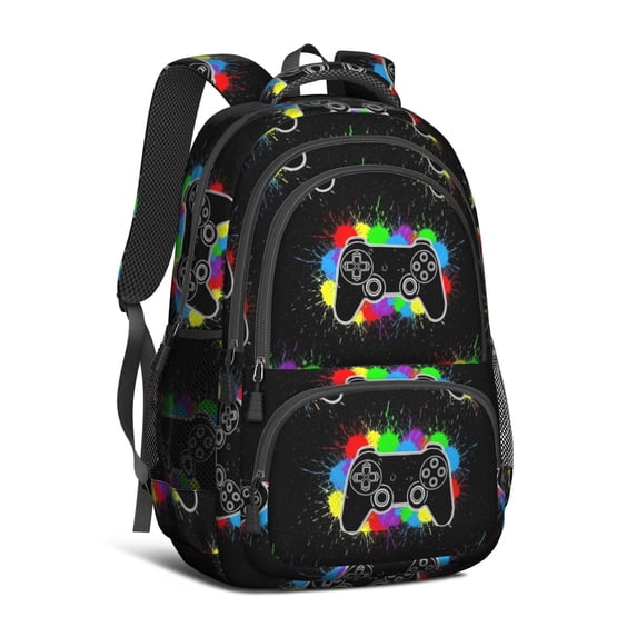 Game Controller Black Pattern Backpack for School, Cute School Bag with Adjustable Shoulder Straps and Padded Back, 16.9"x12.6"x5.9"