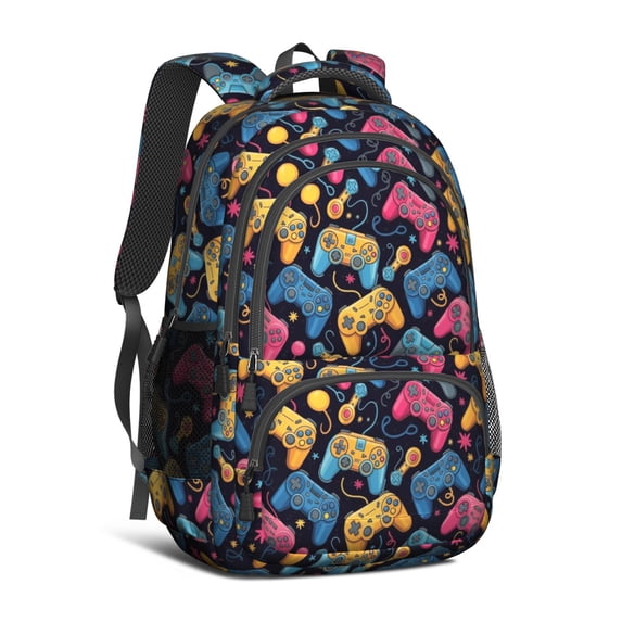 Game Controller Black Pattern Backpack for School, Cute School Bag with Adjustable Shoulder Straps and Padded Back, 16.9"x12.6"x5.9"