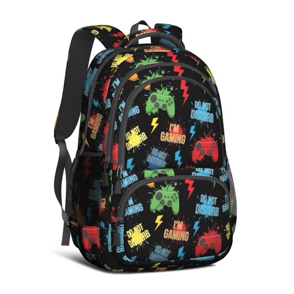 Game Controller Black Pattern Backpack for School, Cute School Bag with Adjustable Shoulder Straps and Padded Back, 16.9"x12.6"x5.9"