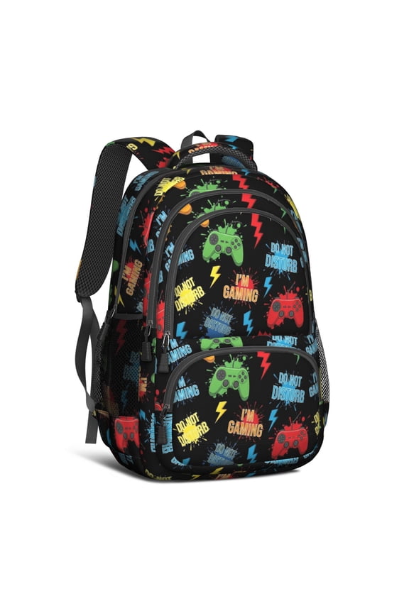 Game Controller Black Pattern Backpack for School, Cute School Bag with Adjustable Shoulder Straps and Padded Back, 16.9"x12.6"x5.9"