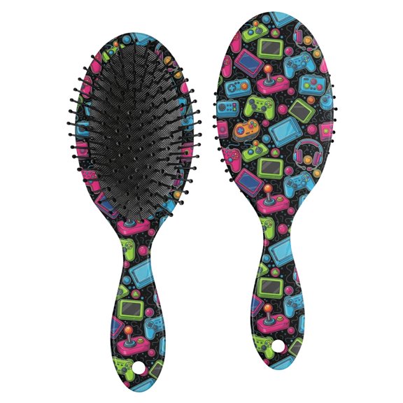 Game Controller Black Pattern Brush, Detangling Hair Brush, Paddle Styling Brush, Round Tip Bristles Gifts for for Men Women Kids