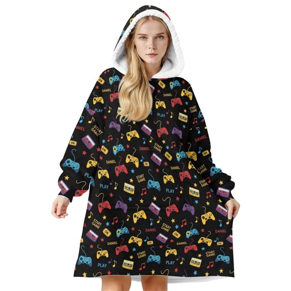 Game Controller Black Pattern Double-Sided Sherpa Fleece Wearable Blanket Hoodie, Oversized Thick Fuzzy Pullover with Giant Pocket for Women & Men