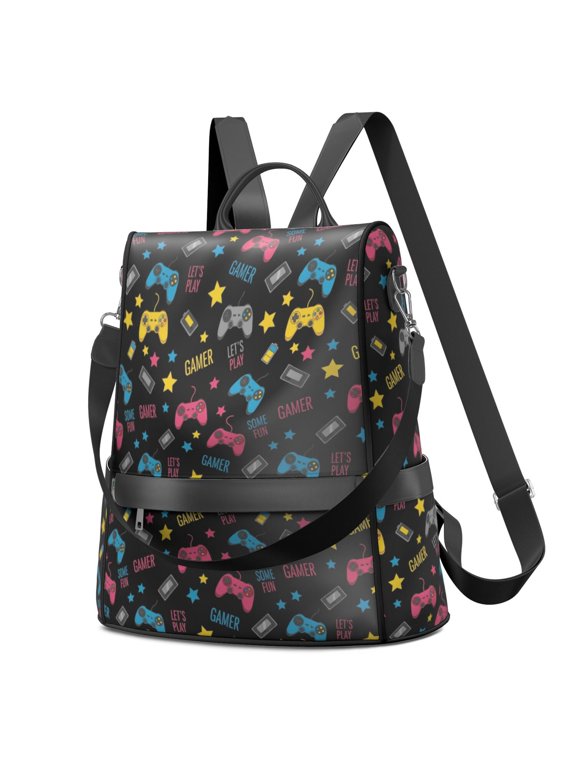 Game Controller Black Pattern Fashion Backpack, Casual Daypack with Side Bottle Pockets & Convertible Strap, Water Repellent Polyester Gifts for Birthday Christmas Thanksgiving