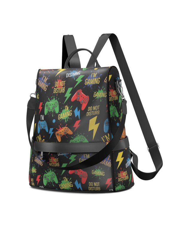 Game Controller Black Pattern Fashion Backpack, Fashion Handbag Backpack with Side Bottle Pockets & Convertible Strap, Water Repellent Polyester Gifts for Women Casual Use