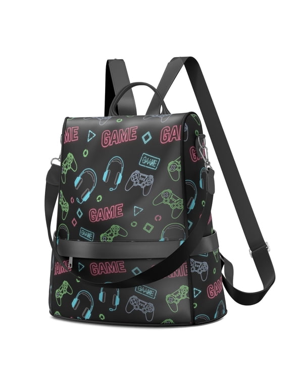 Game Controller Black Pattern Fashion Backpack, Fashion Handbag Backpack with Side Bottle Pockets & Convertible Strap, Water Repellent Polyester Gifts for Work Travel Shopping