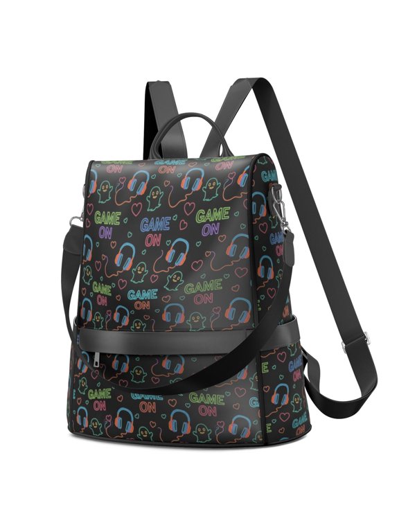 Game Controller Black Pattern Fashion Backpack, Work Travel Rucksack with Side Bottle Pockets & Convertible Strap, Multi Pockets Gifts for Work Travel Shopping