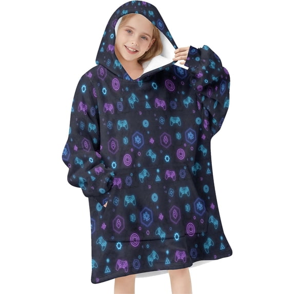 Game Controller Black Pattern Flannel Blanket Hoodies for Teens ,Teens Oversize Sherpa Wearable Hooded Blanket Sweatshirt with Super Pockets