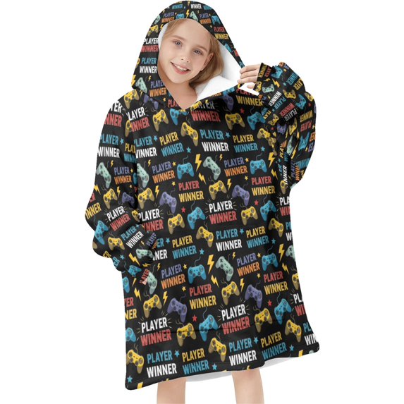 Game Controller Black Pattern Flannel Blanket Hoodies for Teens ,Teens Oversize Sherpa Wearable Hooded Blanket Sweatshirt with Super Pockets