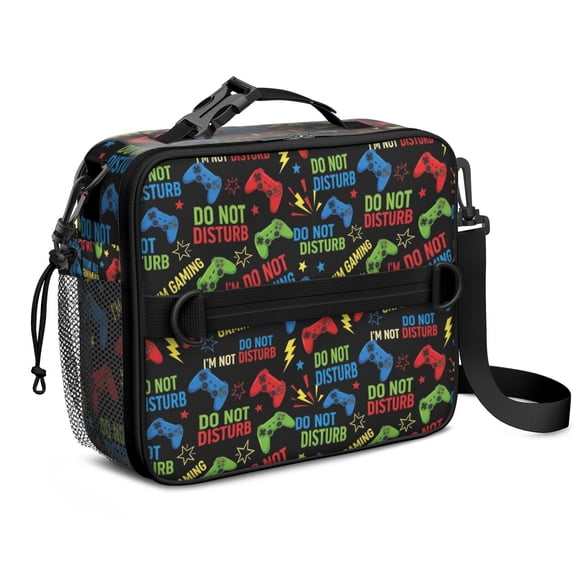 Game Controller Black Pattern Insulated Lunch Bag with Shoulder Strap and Bottle Holder,Bento School Lunch Bag Box,11x9.5x3.5 Inches