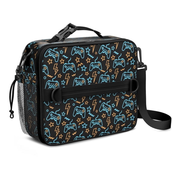 Game Controller Black Pattern Insulated Lunch Bag with Shoulder Strap and Bottle Holder,Bento School Lunch Bag Box,11x9.5x3.5 Inches