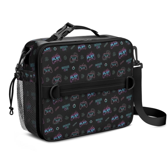Game Controller Black Pattern Insulated Lunch Bag with Shoulder Strap and Bottle Holder,Bento School Lunch Bag Box,11x9.5x3.5 Inches
