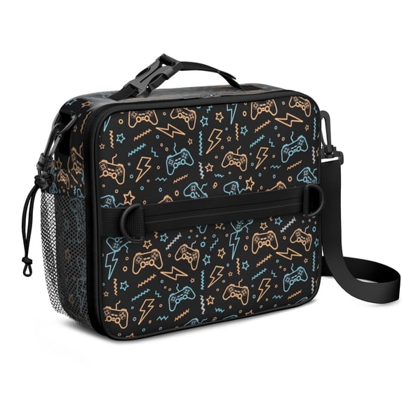 Game Controller Black Pattern Insulated Lunch Bag with Shoulder Strap and Bottle Holder,Bento School Lunch Bag Box,11x9.5x3.5 Inches