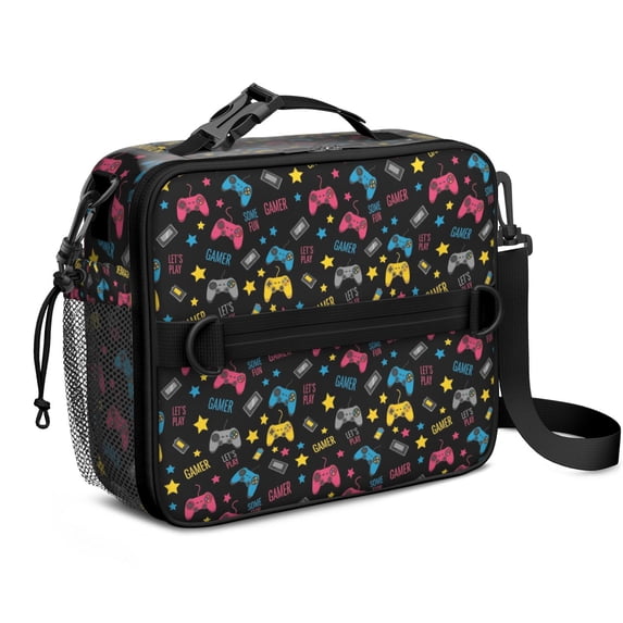 Game Controller Black Pattern Insulated Lunch Bag with Shoulder Strap and Bottle Holder,Bento School Lunch Bag Box,11x9.5x3.5 Inches