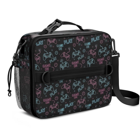 Game Controller Black Pattern Insulated Lunch Bag with Shoulder Strap and Bottle Holder,Bento School Lunch Bag Box,11x9.5x3.5 Inches