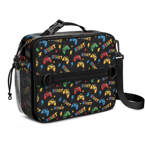 Game Controller Black Pattern Insulated Lunch Bag with Shoulder Strap and Bottle Holder,Bento School Lunch Bag Box,11x9.5x3.5 Inches