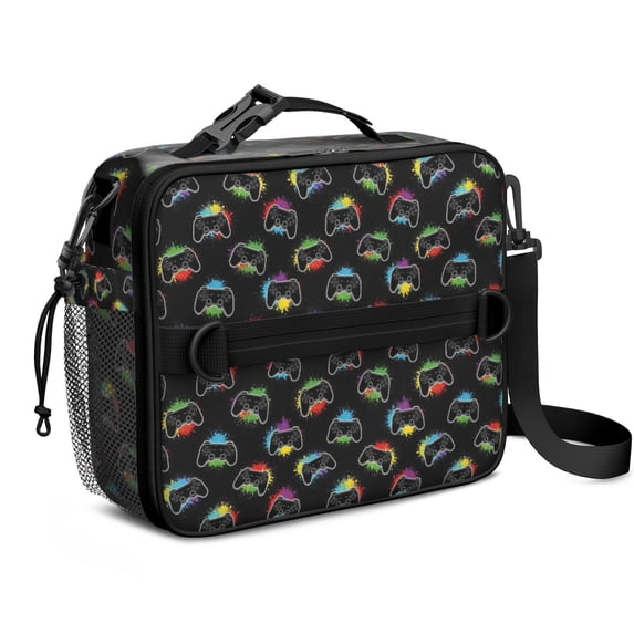 Game Controller Black Pattern Insulated Lunch Bag with Shoulder Strap and Bottle Holder,Bento School Lunch Bag Box,11x9.5x3.5 Inches