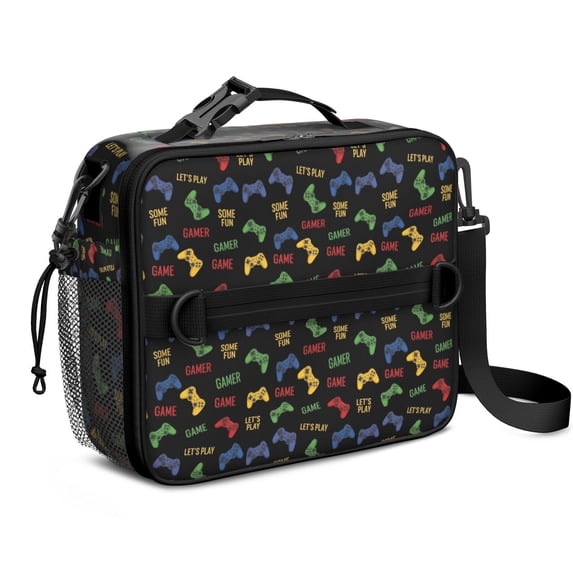 Game Controller Black Pattern Insulated Lunch Bag with Shoulder Strap and Bottle Holder,Bento School Lunch Bag Box,11x9.5x3.5 Inches