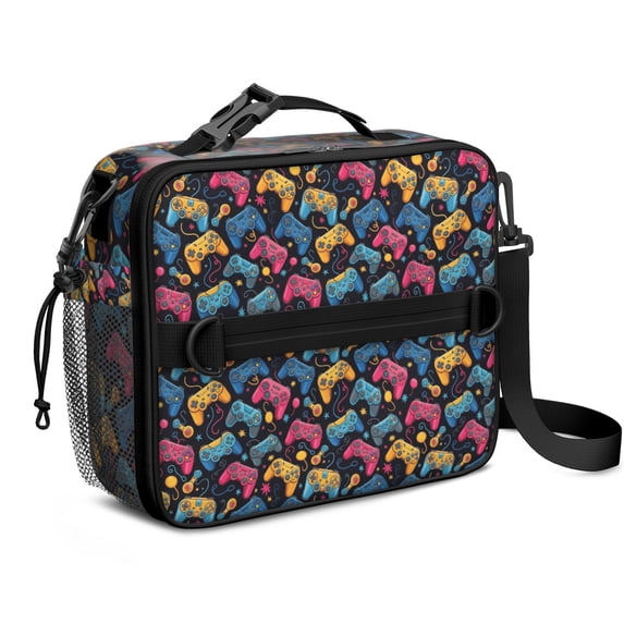 Game Controller Black Pattern Insulated Lunch Bag with Shoulder Strap and Bottle Holder,Bento School Lunch Bag Box,11x9.5x3.5 Inches