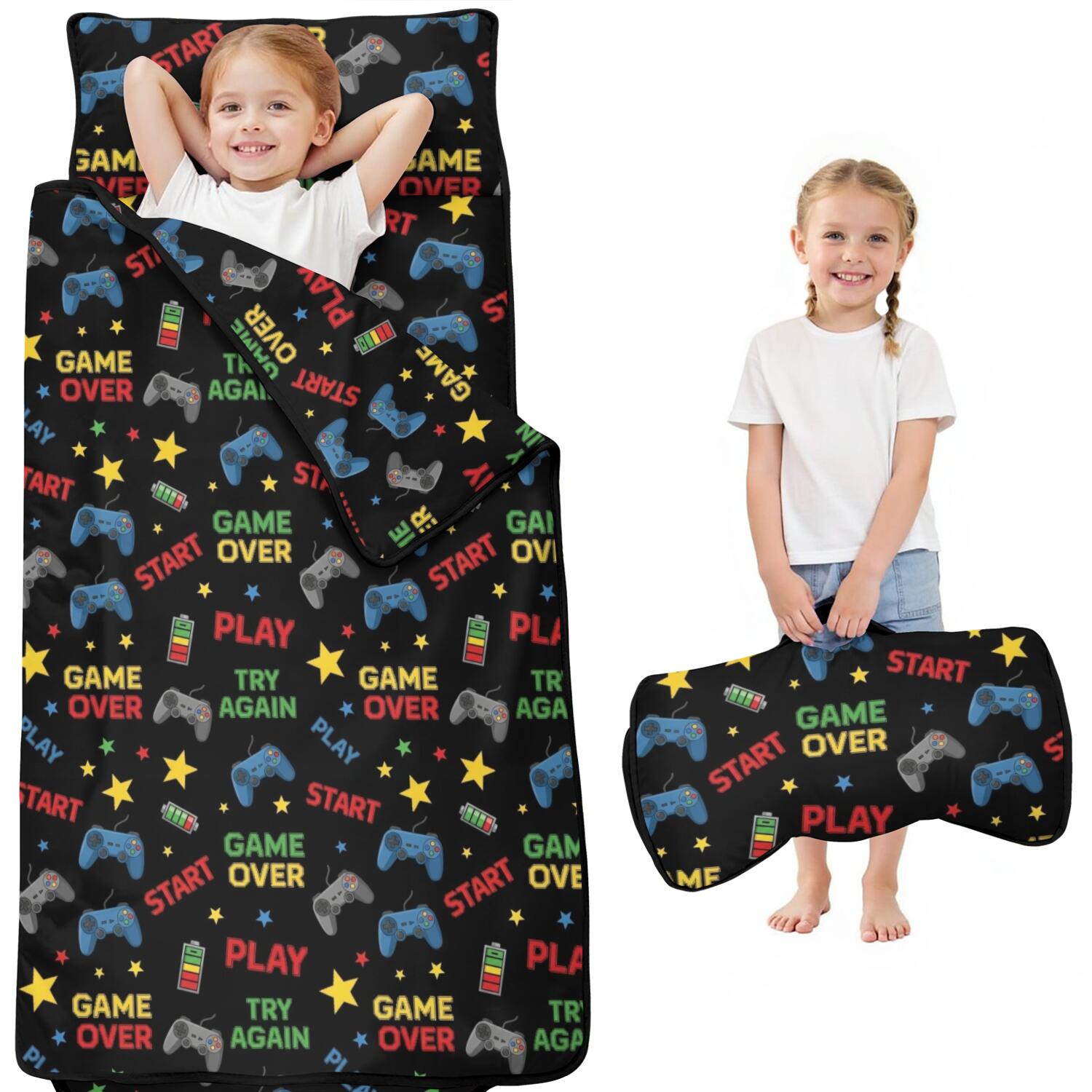 Patterns On Controller Game Controller Black Pattern Kids Nap Mat, All-in-One Nap Pad with ...