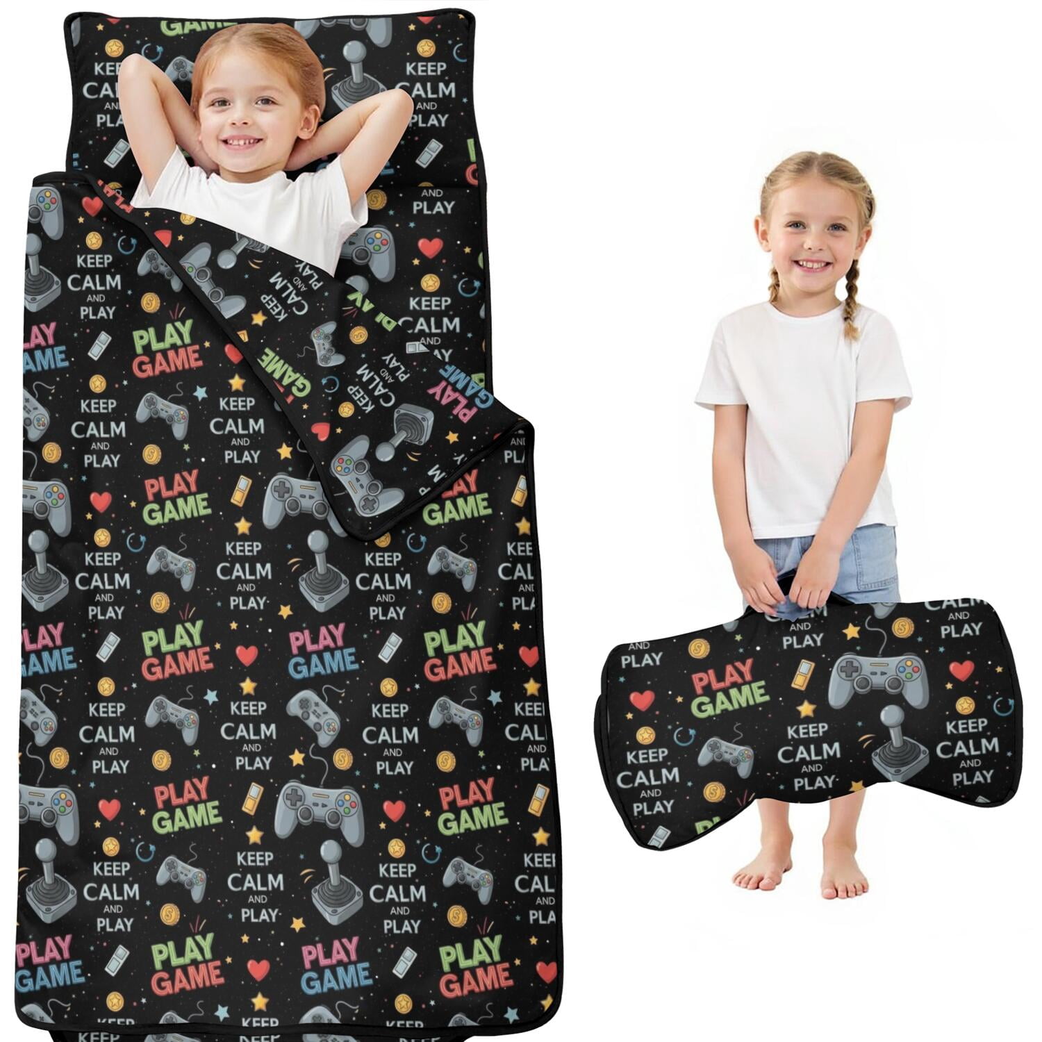 Patterns On Controller Game Controller Black Pattern Kids Nap Mat, All-in-One Nap Pad with ...