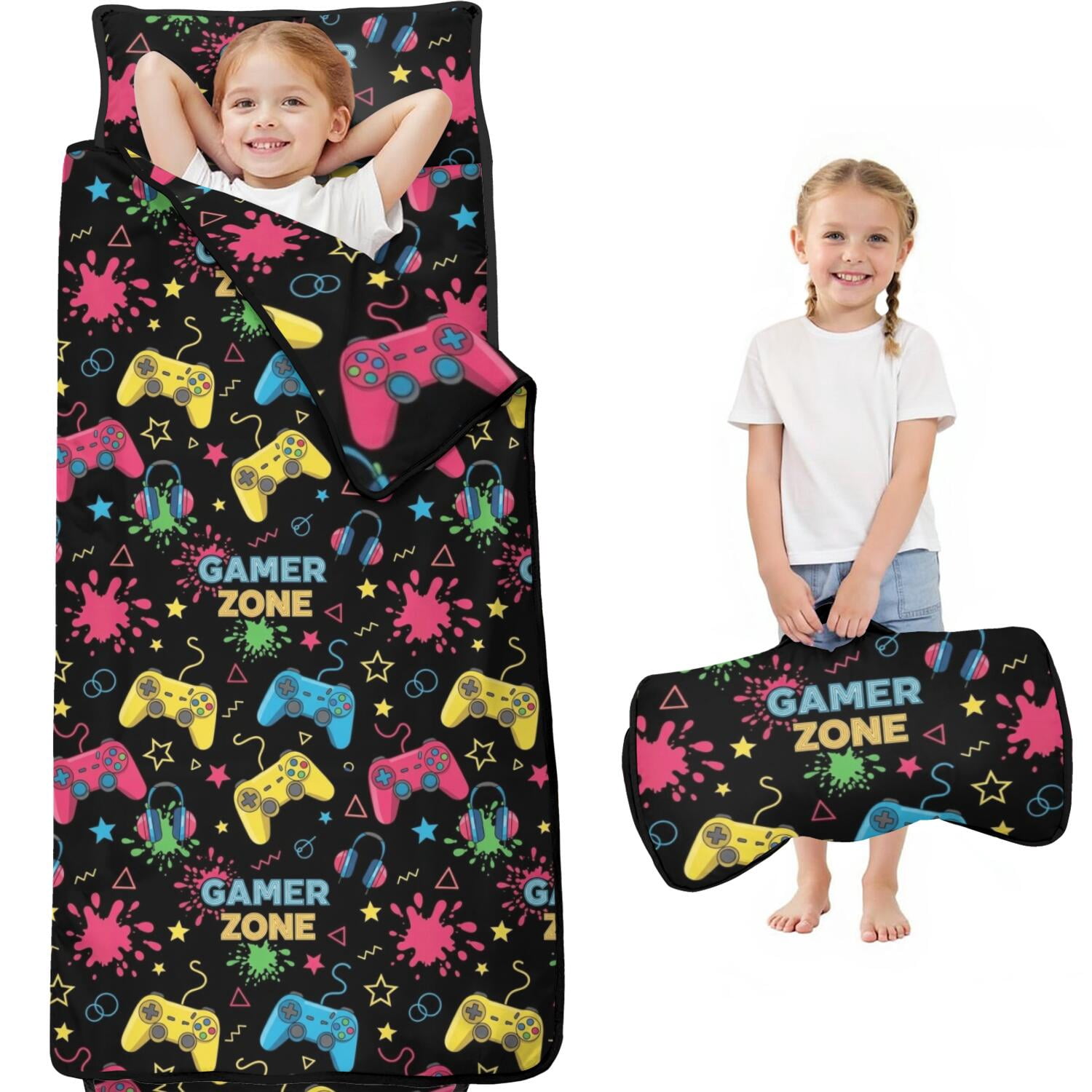 Patterns On Controller Game Controller Black Pattern Kids Nap Mat, Sleeping Mat with Removable ...