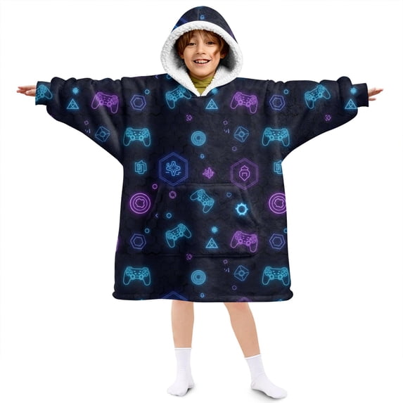 Game Controller Black Pattern Lamb Fleece Blanket Hoodies for Teens ,Teens Oversize Sherpa Wearable Hooded Blanket Sweatshirt with Super Pockets