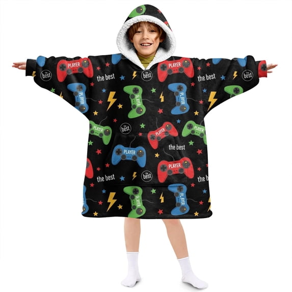 Game Controller Black Pattern Lamb Fleece Blanket Hoodies for Teens ,Teens Oversize Sherpa Wearable Hooded Blanket Sweatshirt with Super Pockets