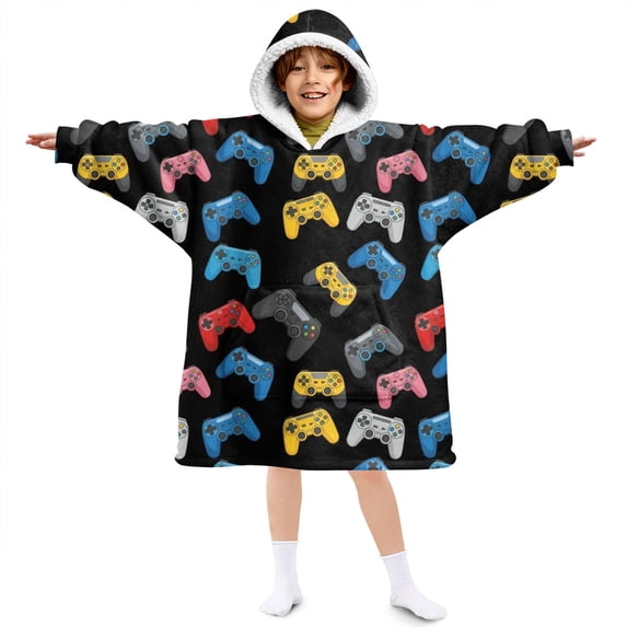 Game Controller Black Pattern Lamb Fleece Blanket Hoodies for Teens ,Teens Oversize Sherpa Wearable Hooded Blanket Sweatshirt with Super Pockets