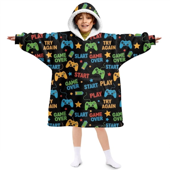 Game Controller Black Pattern Lamb Fleece Blanket Hoodies for Teens ,Teens Oversize Sherpa Wearable Hooded Blanket Sweatshirt with Super Pockets