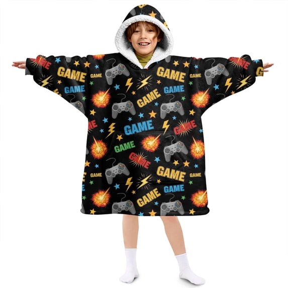 Game Controller Black Pattern Lamb Fleece Blanket Hoodies for Teens ,Teens Oversize Sherpa Wearable Hooded Blanket Sweatshirt with Super Pockets