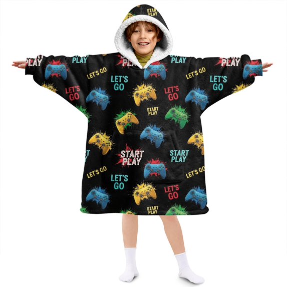Game Controller Black Pattern Lamb Fleece Blanket Hoodies for Teens ,Teens Oversize Sherpa Wearable Hooded Blanket Sweatshirt with Super Pockets