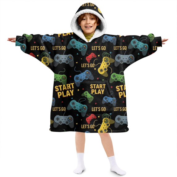 Game Controller Black Pattern Lamb Fleece Blanket Hoodies for Teens ,Teens Oversize Sherpa Wearable Hooded Blanket Sweatshirt with Super Pockets