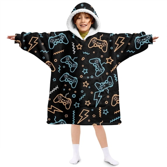 Game Controller Black Pattern Lamb Fleece Blanket Hoodies for Teens ,Teens Oversize Sherpa Wearable Hooded Blanket Sweatshirt with Super Pockets