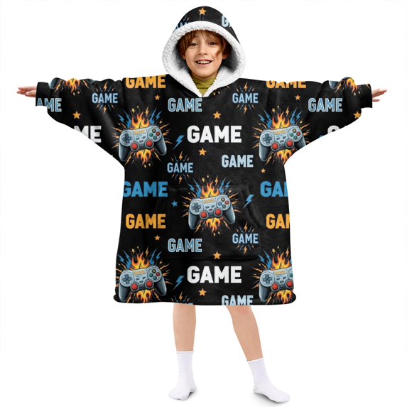Game Controller Black Pattern Lamb Fleece Blanket Hoodies for Teens ,Teens Oversize Sherpa Wearable Hooded Blanket Sweatshirt with Super Pockets