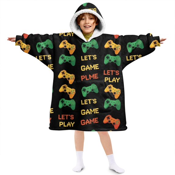 Game Controller Black Pattern Lamb Fleece Blanket Hoodies for Teens ,Teens Oversize Sherpa Wearable Hooded Blanket Sweatshirt with Super Pockets
