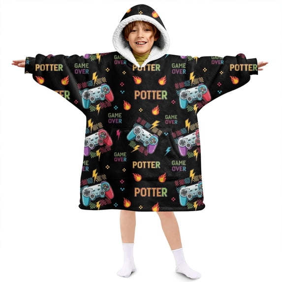 Game Controller Black Pattern Lamb Fleece Blanket Hoodies for Teens ,Teens Oversize Sherpa Wearable Hooded Blanket Sweatshirt with Super Pockets
