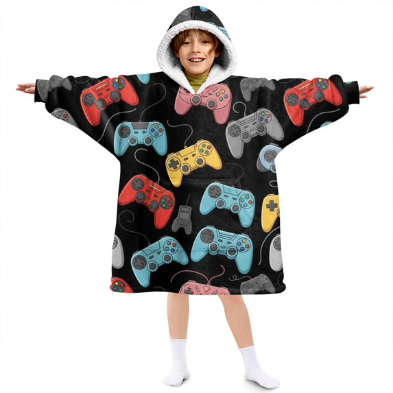 Game Controller Black Pattern Lamb Fleece Blanket Hoodies for Teens ,Teens Oversize Sherpa Wearable Hooded Blanket Sweatshirt with Super Pockets