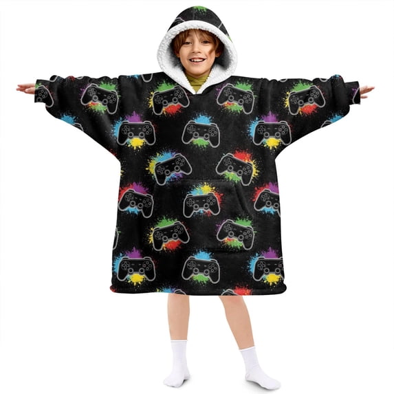 Game Controller Black Pattern Lamb Fleece Blanket Hoodies for Teens ,Teens Oversize Sherpa Wearable Hooded Blanket Sweatshirt with Super Pockets